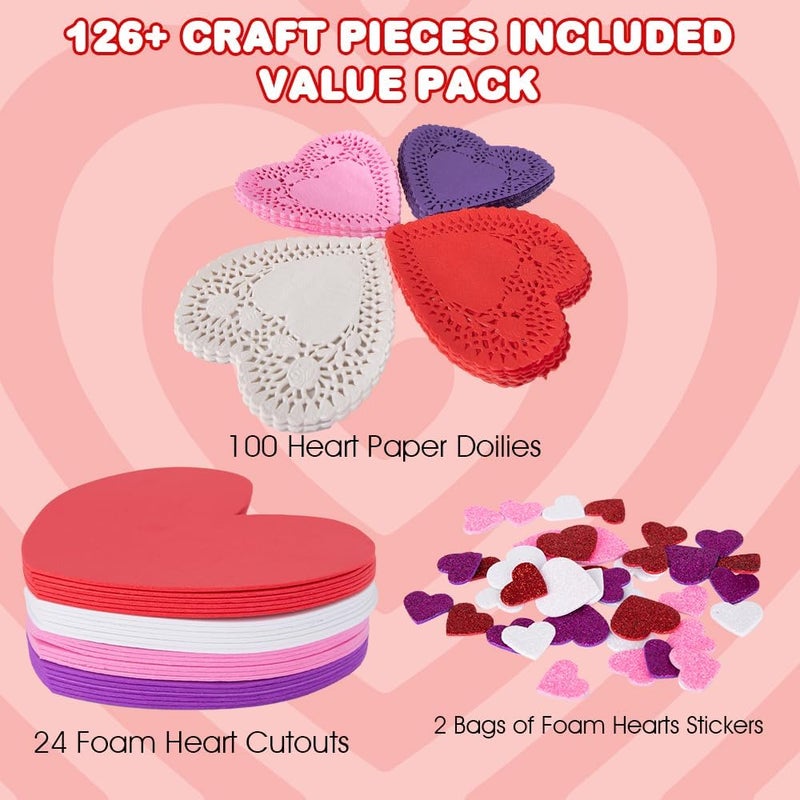 Art Creativity 126+ Pcs Valentine's Day Heart Doilies Card Crafts for Kids - Valentine Day Crafts for Classroom Parties - Valentines Craft Supplies Kits with Heart Doilies and Glitter Foam Stickers - Image 2
